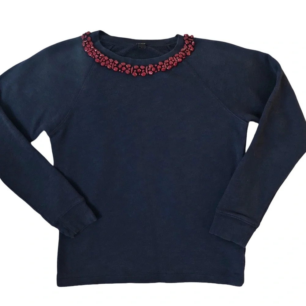J. Crew Navy Crew Neck Sweatshirt with Red Stone Embellishments Sz S